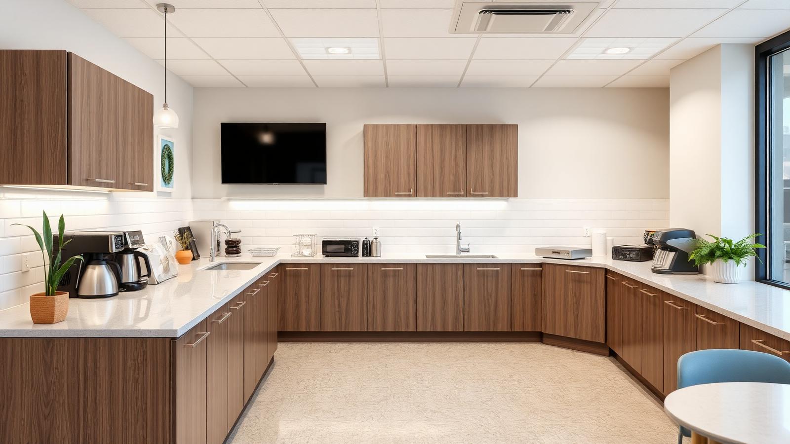 Clean office break room with coffee station