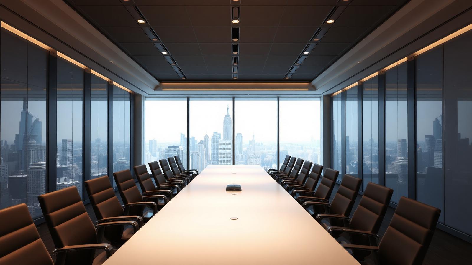 Immaculate conference room with long table and city view
