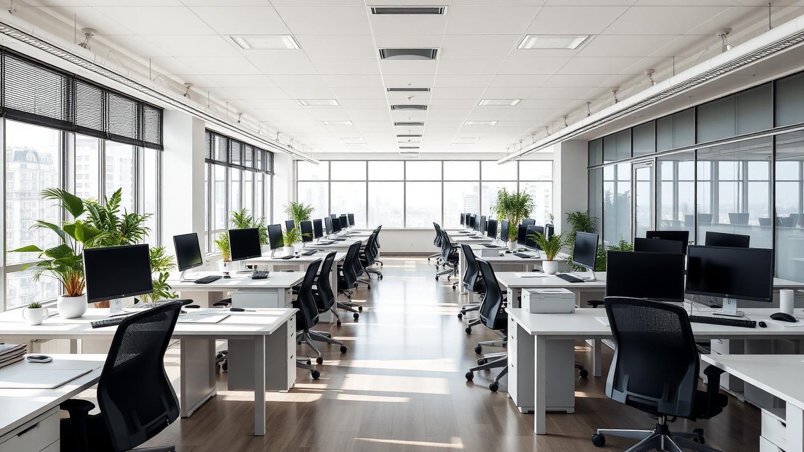 Clean open-plan office with tidy desks and natural light