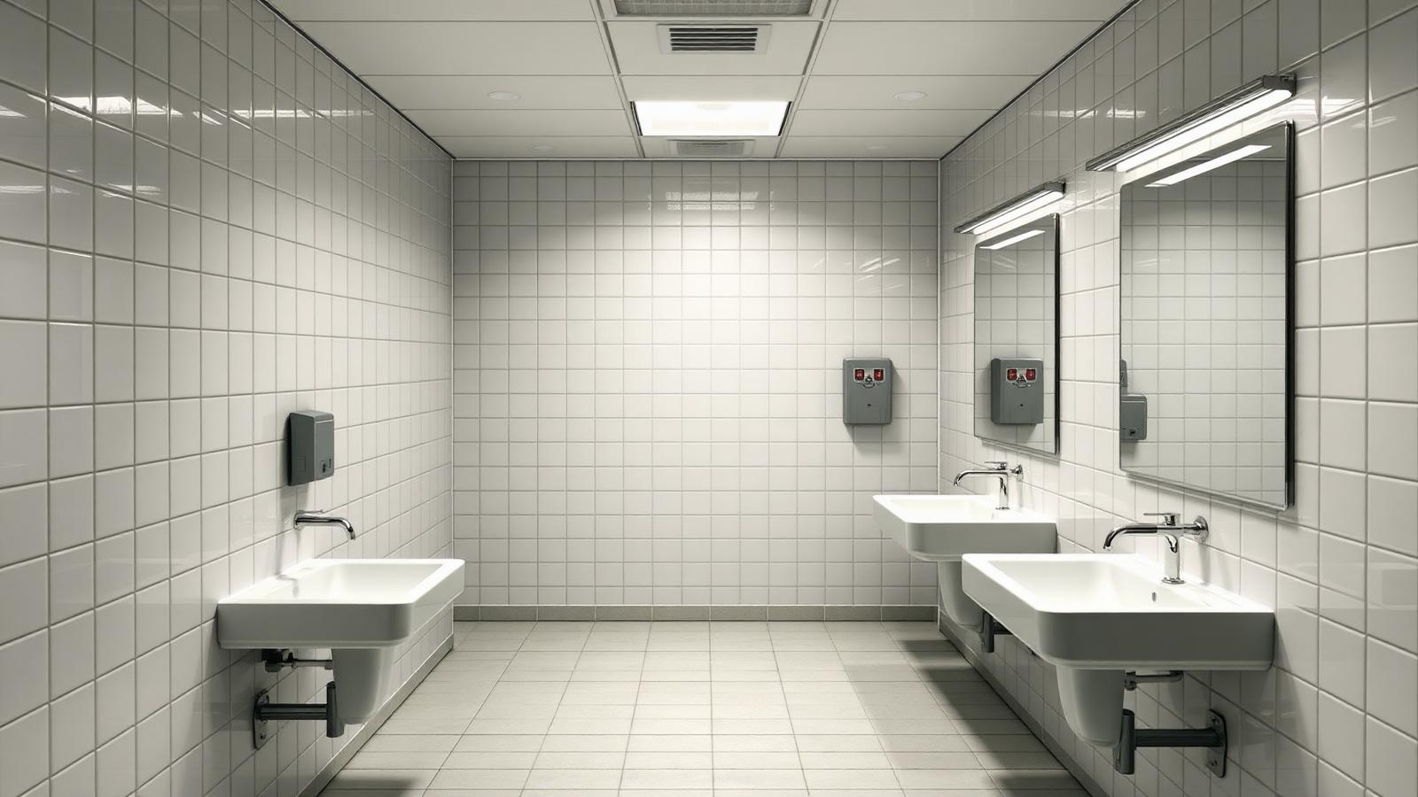 Pristine commercial restroom with gleaming fixtures