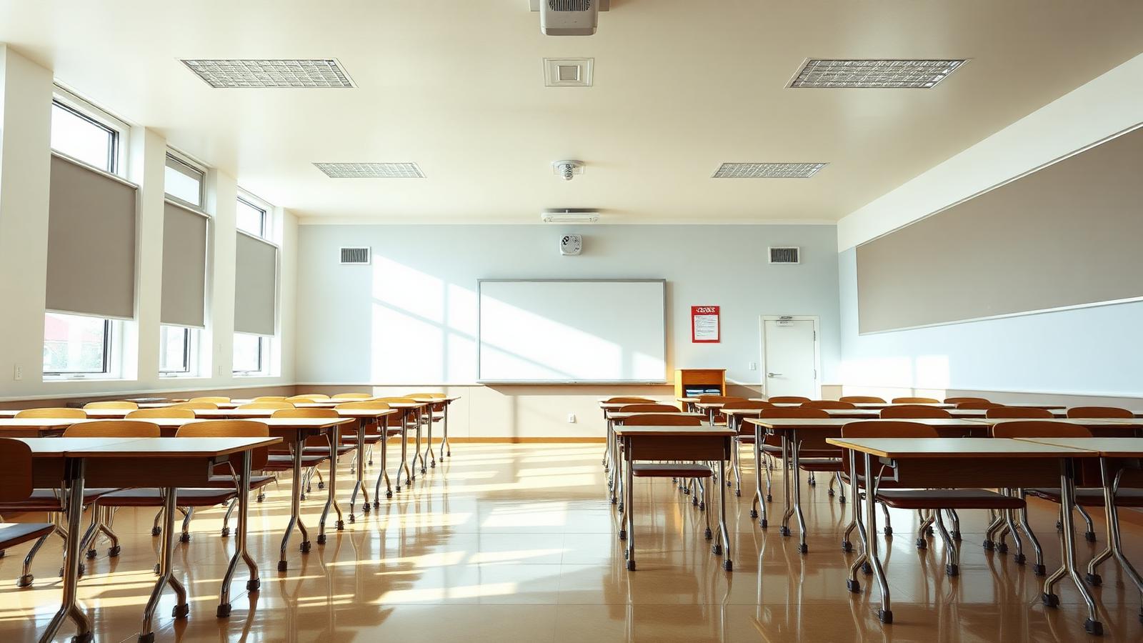 Bright, clean school classroom with wiped desks